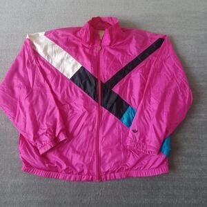Vintage Adidas Windbraker Jacket Womens Medium Hot Pink Shiny Front Zip 80's
